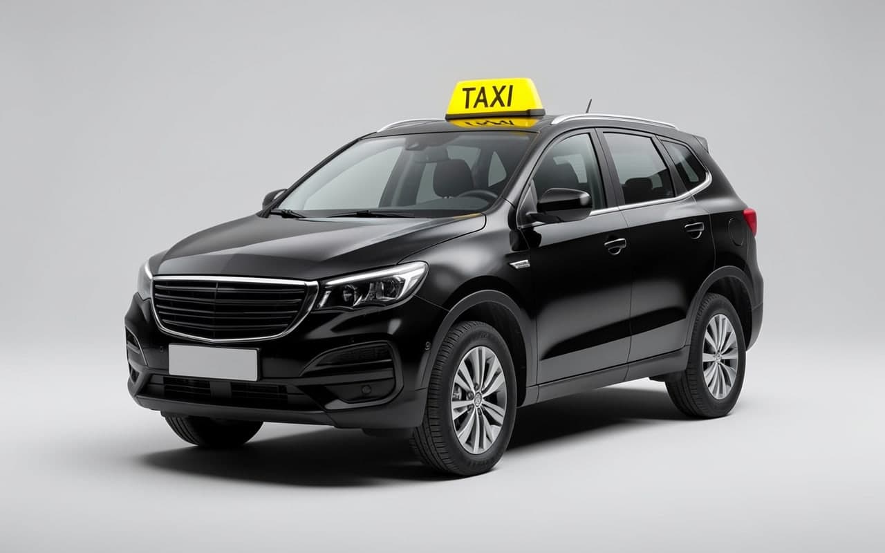 Vanlig bil: svart SUV med gul taxiskylt på taket