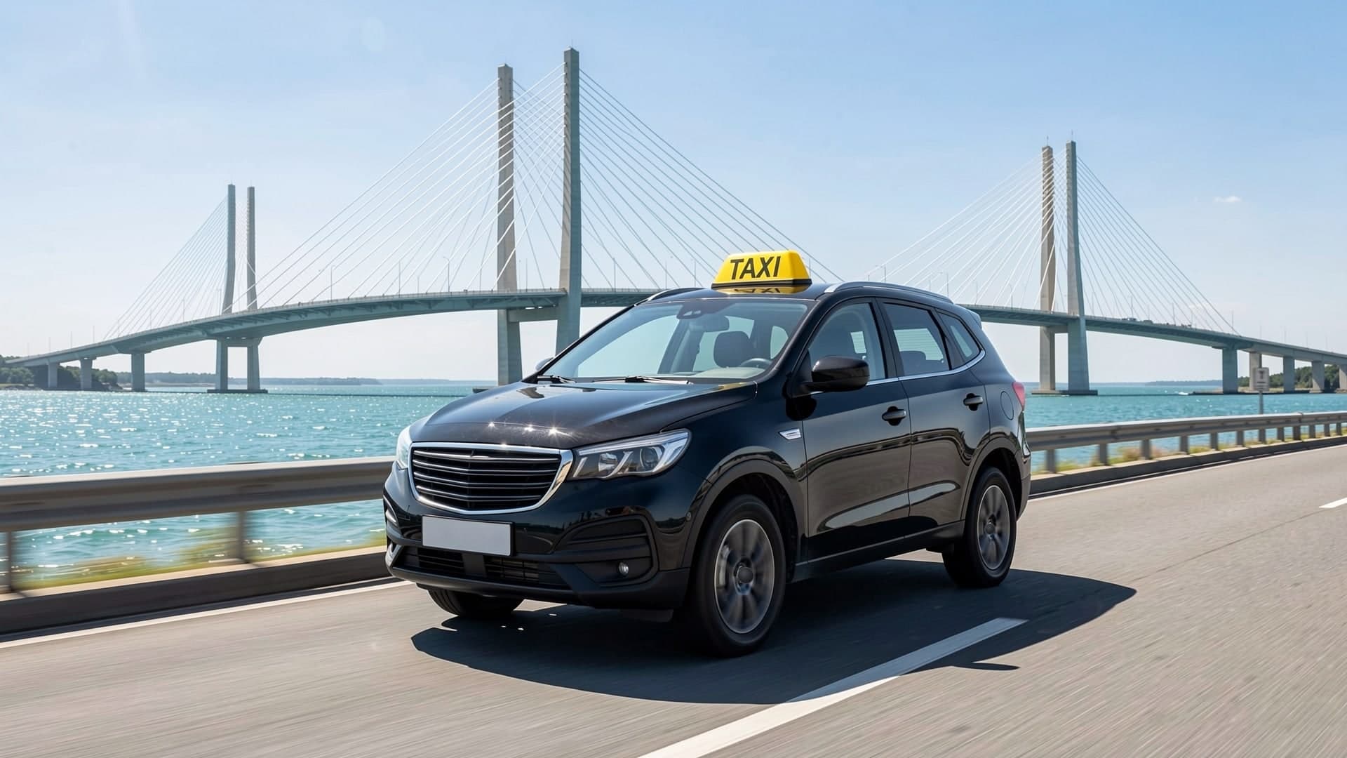 Svart taxi på Öresundsbron en solig dag