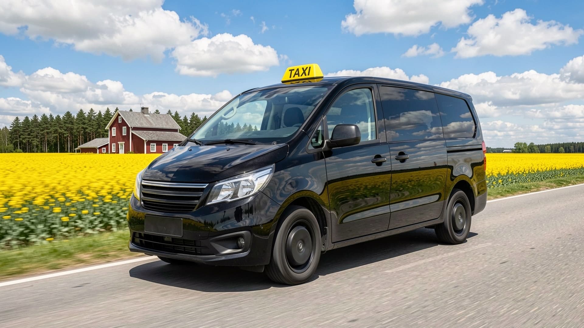 Svart minibuss-taxi på en landsväg genom fält och skog i Sverige