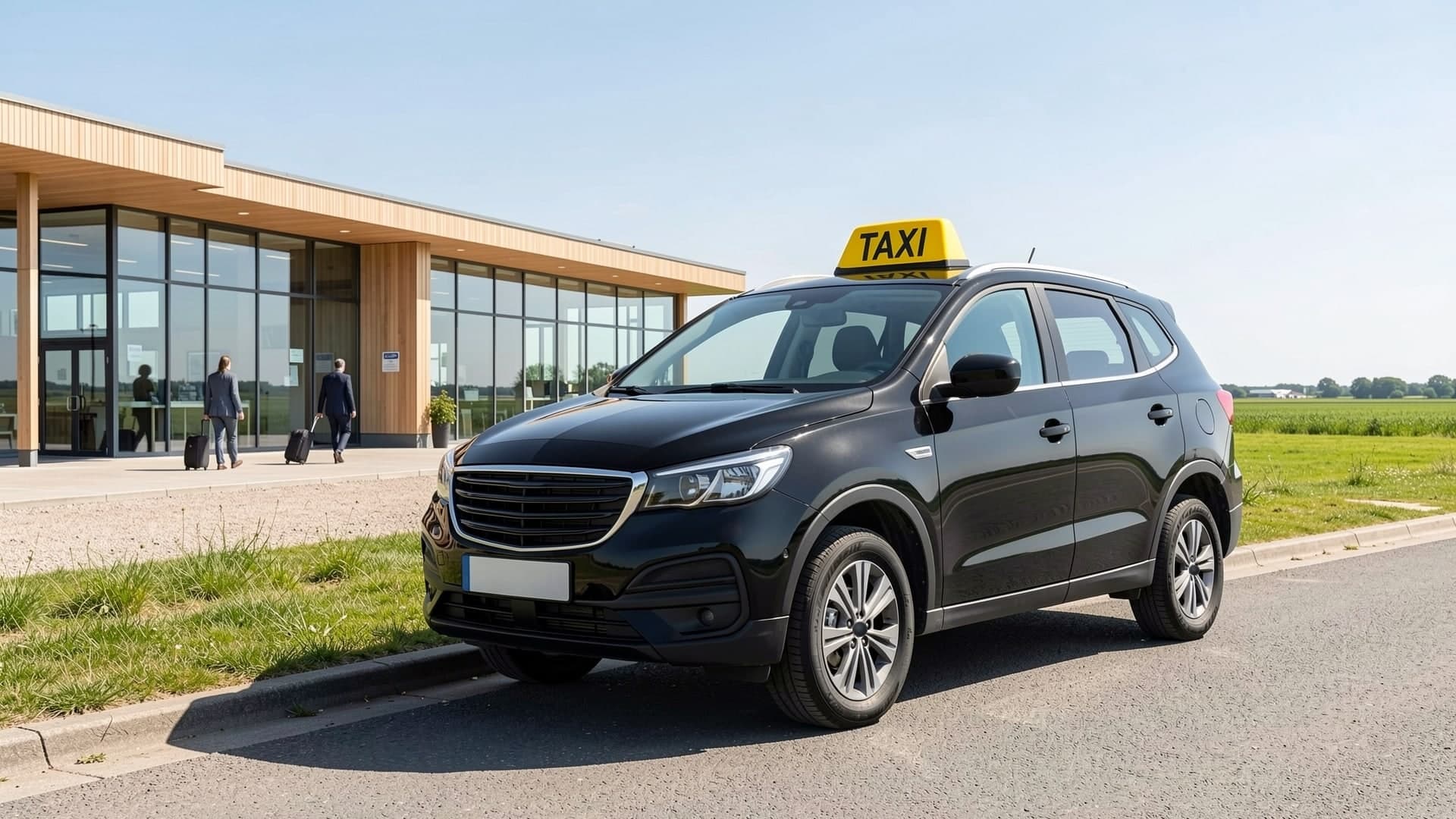 Svart taxi vid terminalen på Malmö Airport bland Skånes fält